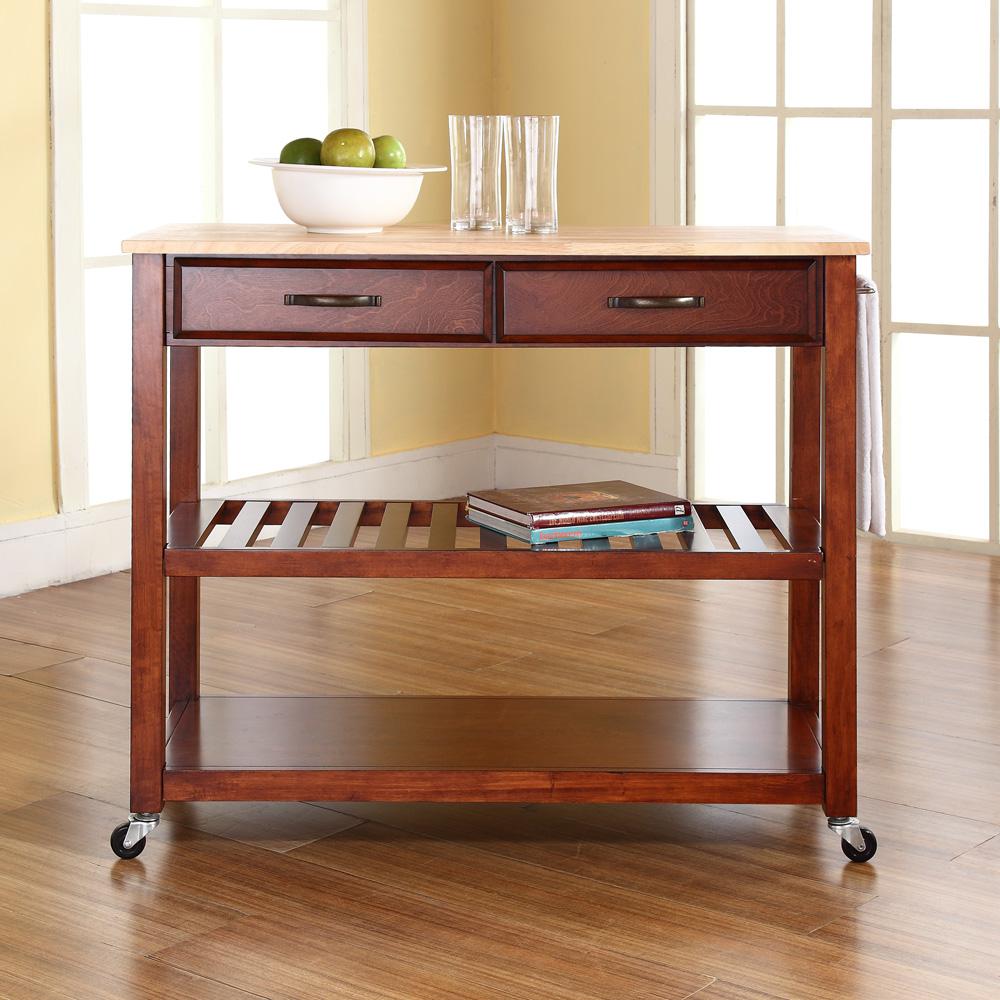 Wood Top Kitchen Cart W/Opt Stool Storage Cherry/Natural. Picture 3