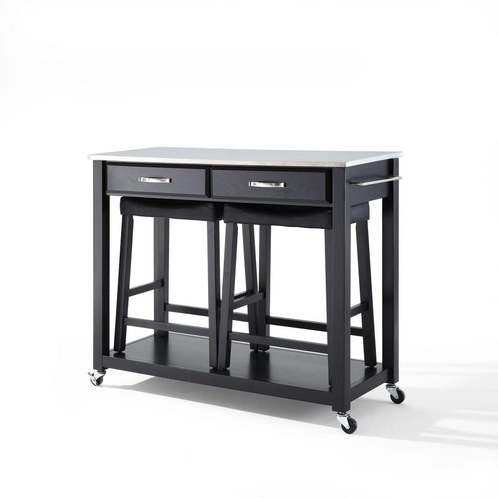 Stainless Steel Top Kitchen Prep Cart W/Uph Saddle Stools Black/Stainless Steel - Kitchen Island & 2 Counter Stools. Picture 6