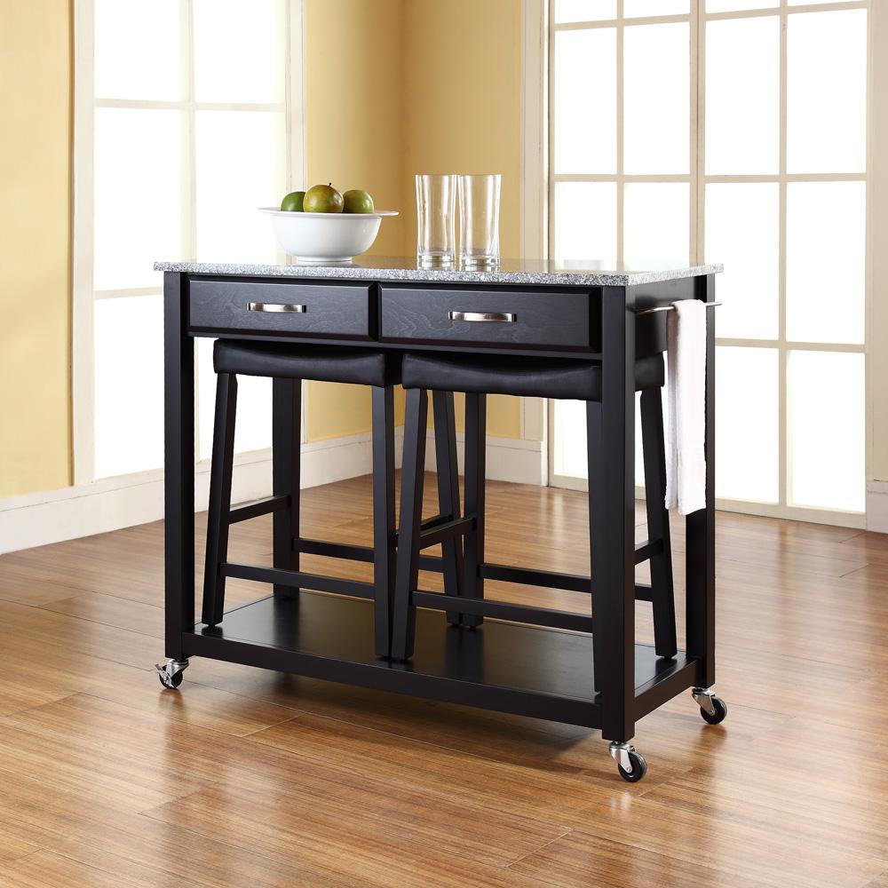 Granite Top Kitchen Prep Cart W/Uph Saddle Stools Black/Gray - Kitchen Island & 2 Counter Stools. Picture 3