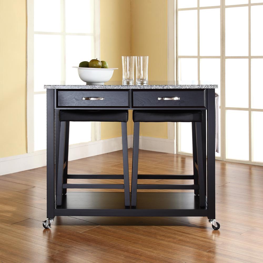 Granite Top Kitchen Cart W/Uph Saddle Stools Black/Gray - Kitchen Island, 2 Counter Height Bar Stools. Picture 4