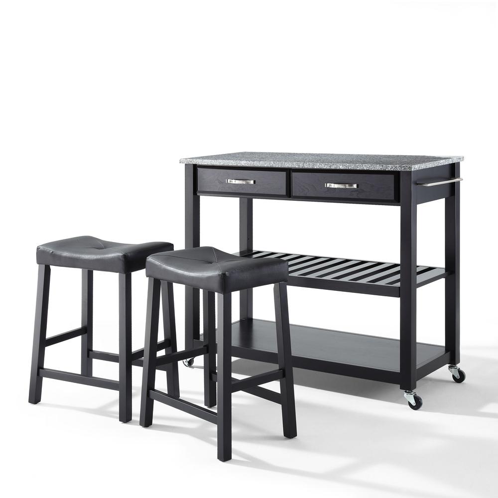 Granite Top Kitchen Cart W/Uph Saddle Stools Black/Gray - Kitchen Island, 2 Counter Height Bar Stools. Picture 1