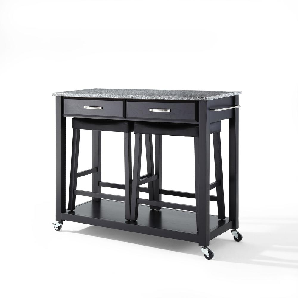 Granite Top Kitchen Cart W/Uph Saddle Stools Black/Gray - Kitchen Island, 2 Counter Height Bar Stools. Picture 6