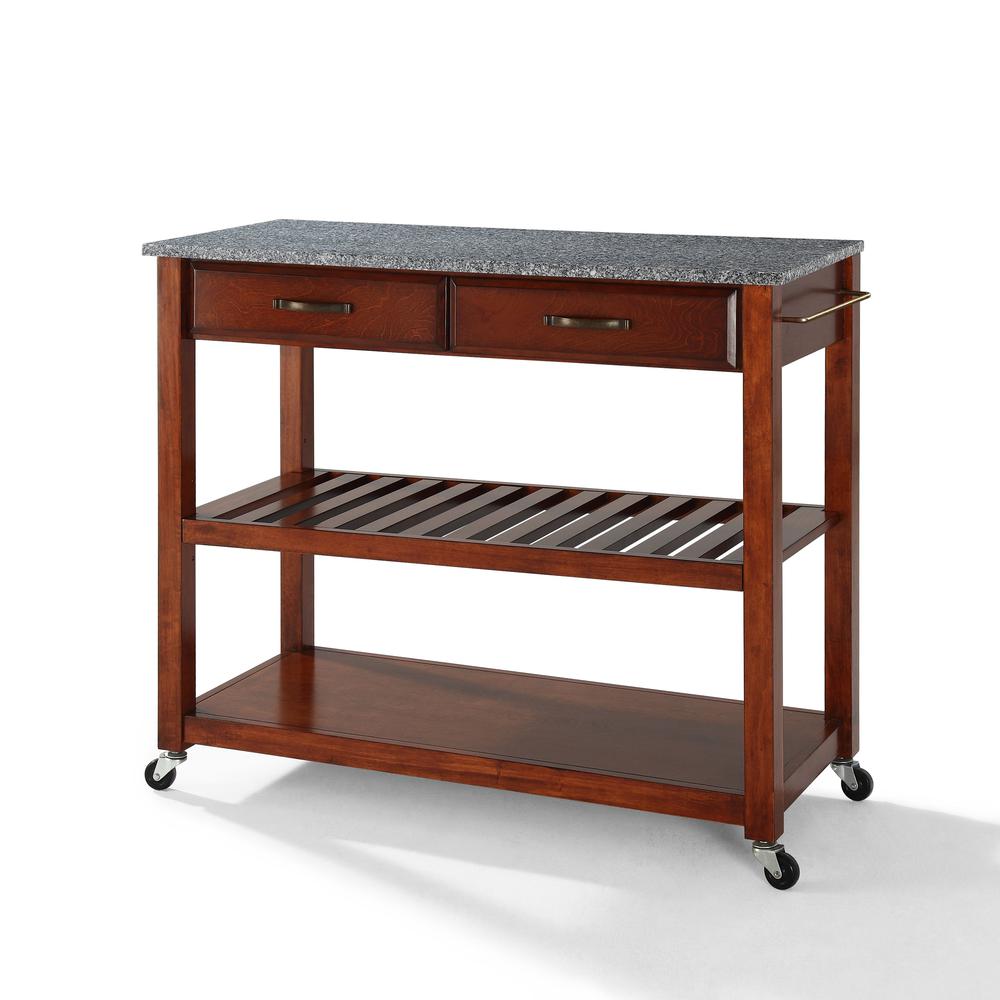 Granite Top Kitchen Cart W/Opt Stool Storage Cherry/Gray. Picture 1
