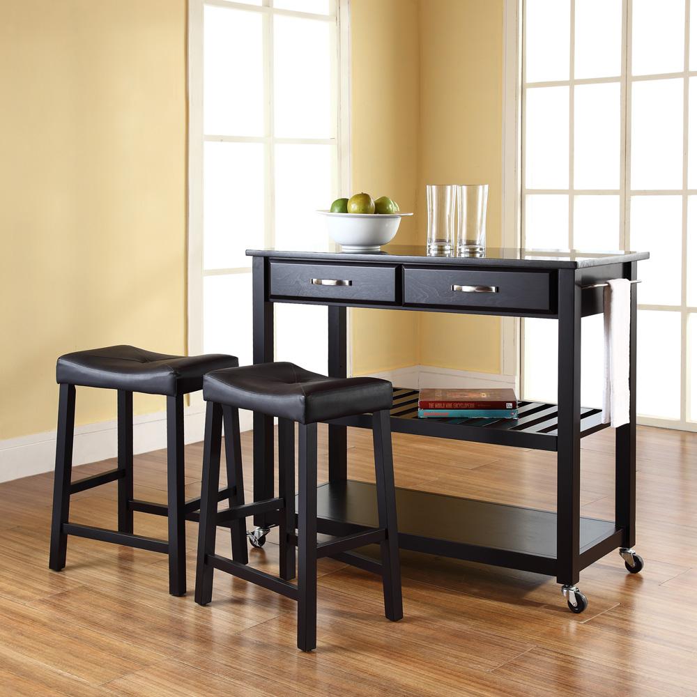 Granite Top Kitchen Cart W/Uph Saddle Stools Black/Black - Kitchen Island, 2 Counter Height Bar Stools. Picture 2