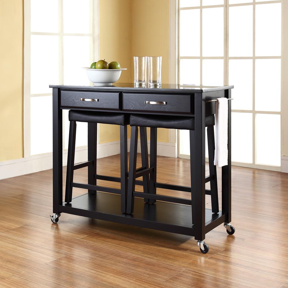 Granite Top Kitchen Cart W/Uph Saddle Stools Black/Black - Kitchen Island, 2 Counter Height Bar Stools. Picture 3