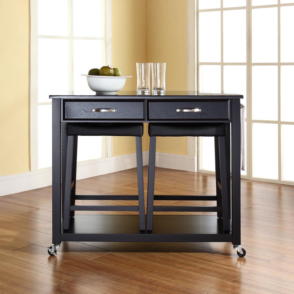 Granite Top Kitchen Cart W/Uph Saddle Stools Black/Black - Kitchen Island, 2 Counter Height Bar Stools. Picture 4