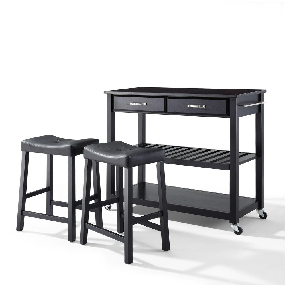 Granite Top Kitchen Cart W/Uph Saddle Stools Black/Black - Kitchen Island, 2 Counter Height Bar Stools. Picture 1