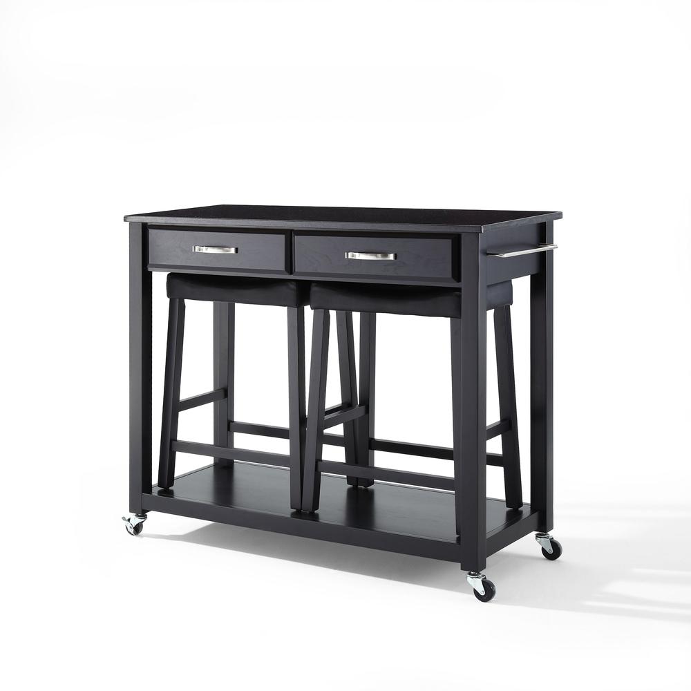 Granite Top Kitchen Cart W/Uph Saddle Stools Black/Black - Kitchen Island, 2 Counter Height Bar Stools. Picture 6