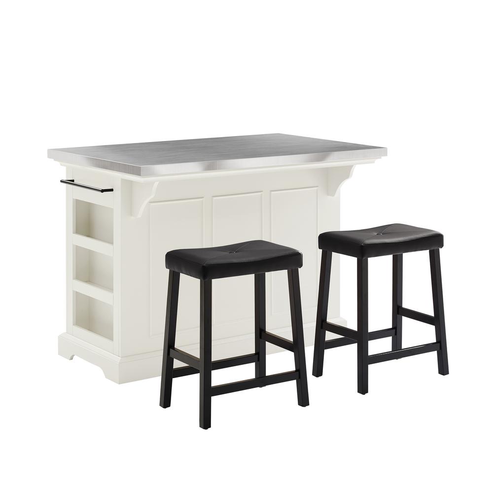 Julia Stainless Steel Top Island W/Uph Saddle Stools White/Black - Kitchen Island, 2 Counter Height Bar Stools. Picture 1