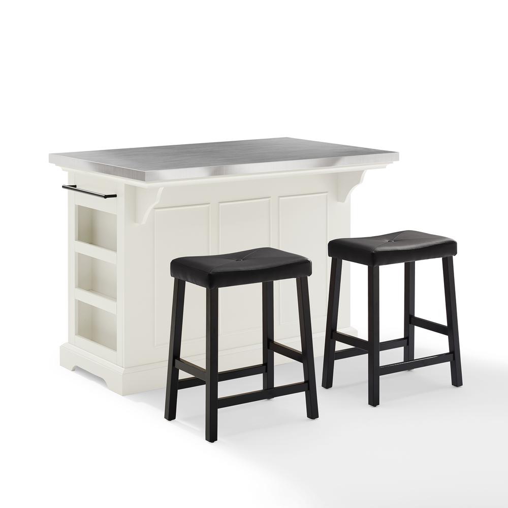 Julia Stainless Steel Top Island W/Uph Saddle Stools White/Black - Kitchen Island, 2 Counter Height Bar Stools. Picture 2