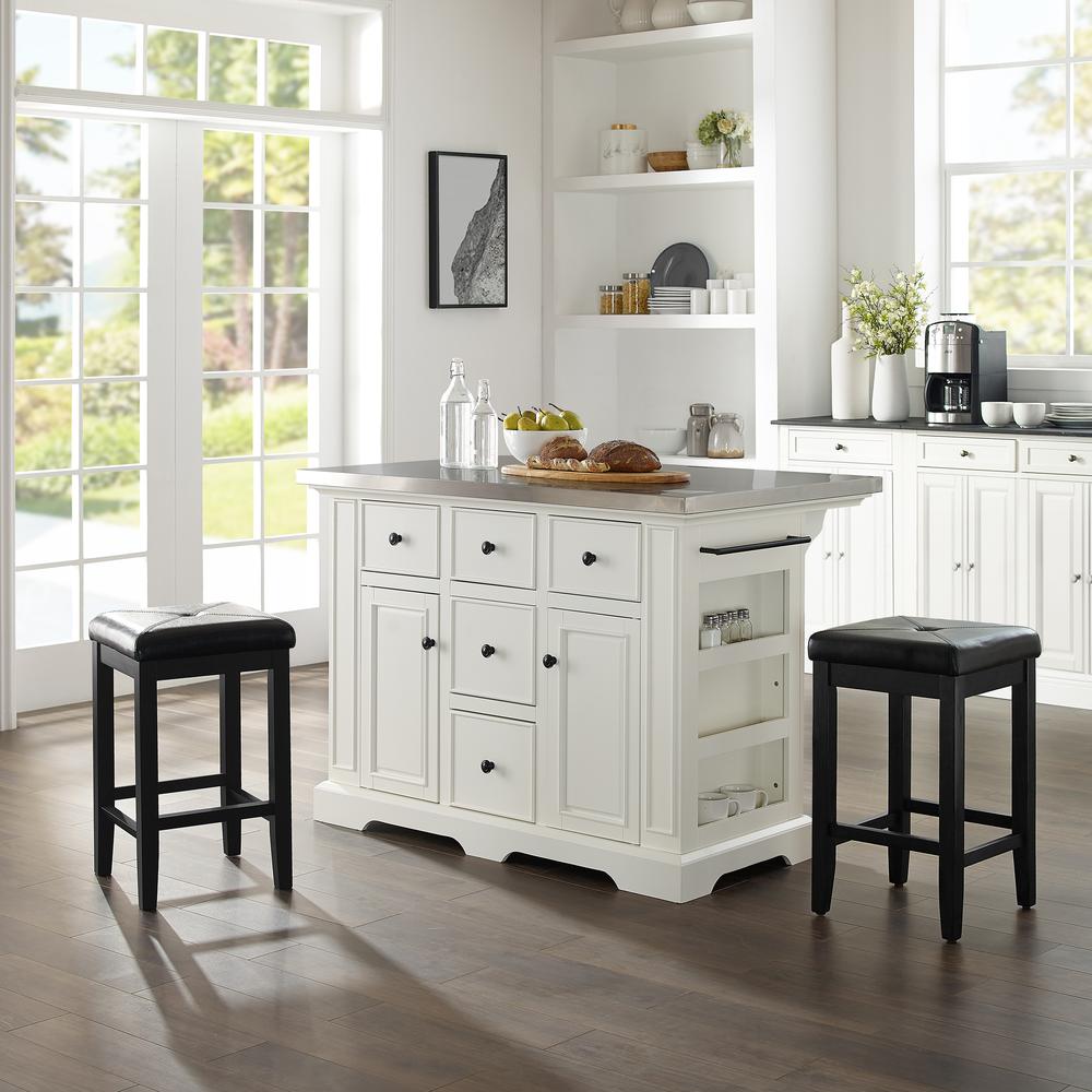 Julia Stainless Steel Top Island W/Uph Square Stools White/Black - Kitchen Island, 2 Counter Height Bar Stools. Picture 3