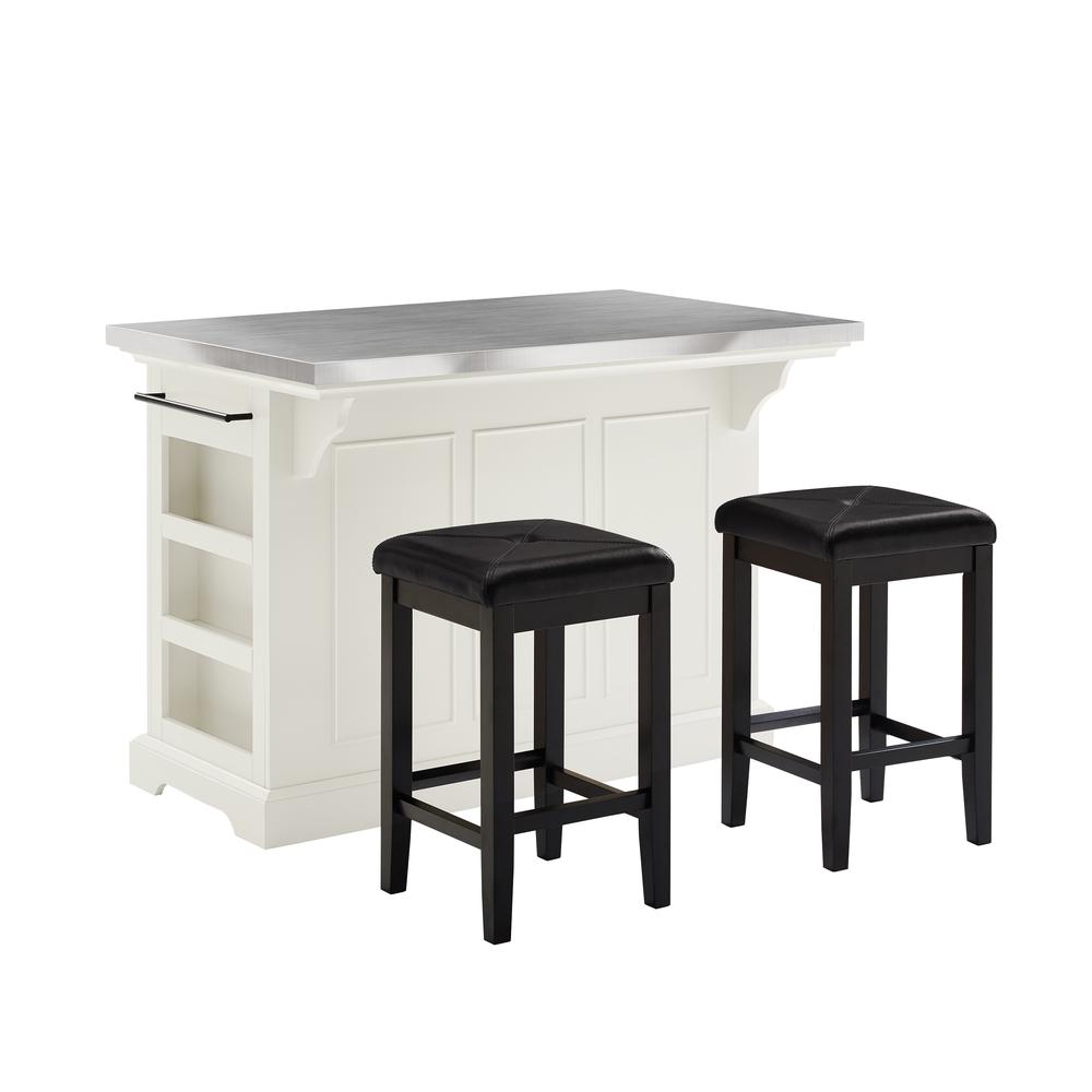 Julia Island W/Uph Square Stools White/Black - Kitchen Island, 2 Counter Height Bar Stools. Picture 3