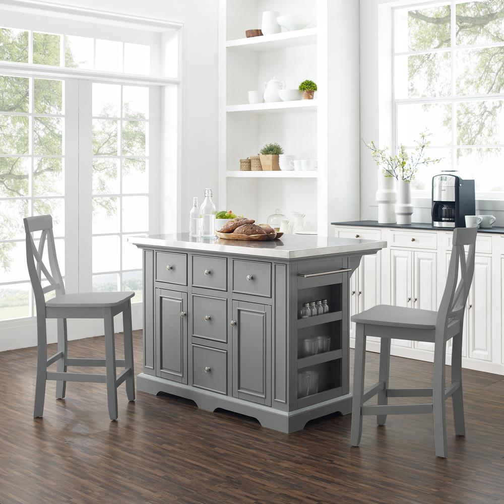 Julia Stainless Steel Top Island W/X-Back Stools Gray/Gray - Island & 2 Stools. Picture 1
