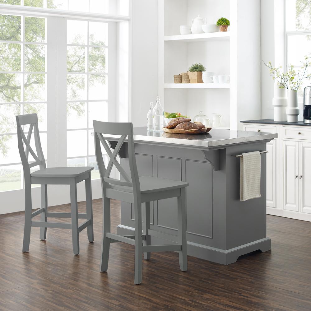 Julia Stainless Steel Top Island W/X-Back Stools Gray/Gray - Island & 2 Stools. Picture 2