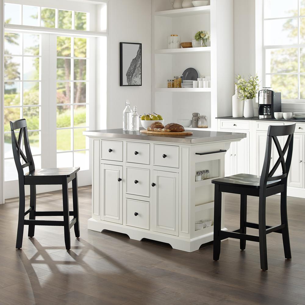 Julia Island W/X-Back Stools White/Black - Kitchen Island, 2 Counter Height Bar Stools. Picture 1