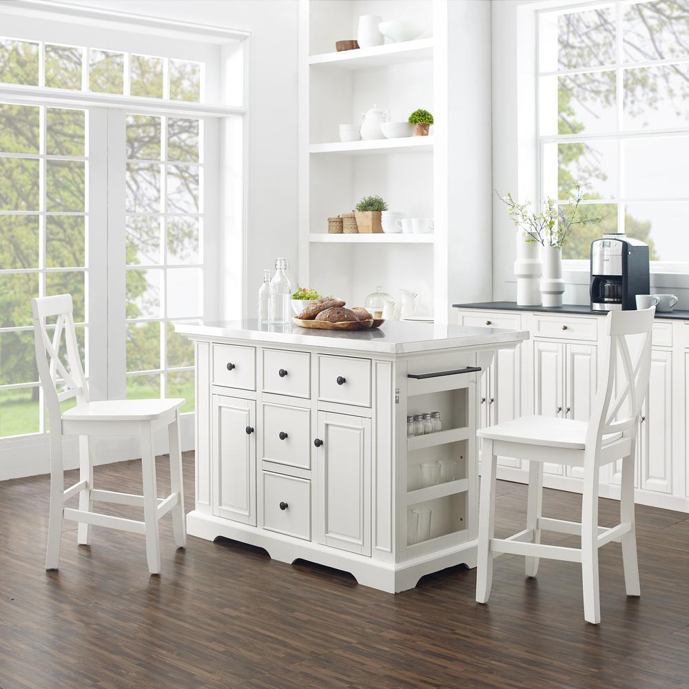 Julia Stainless Steel Top Island W/X-Back Stools White/White - Island & 2 Stools. Picture 1