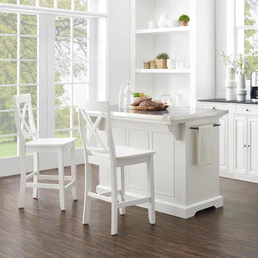 Julia Stainless Steel Top Island W/X-Back Stools White/White - Island & 2 Stools. Picture 2