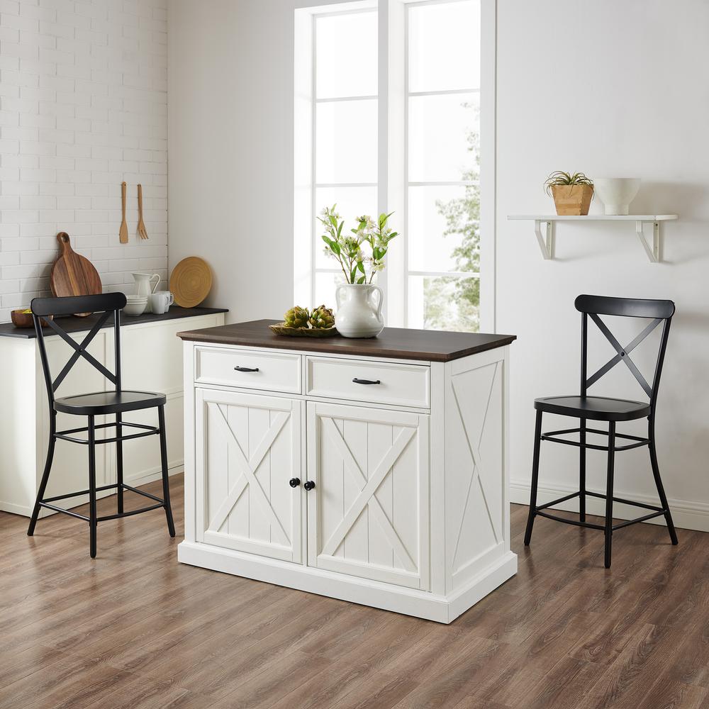Clifton Kitchen Island W/Camille Stools Distressed White/Black - Kitchen Island & 2 Stools. Picture 4