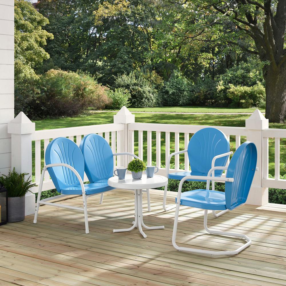 Griffith 4Pc Outdoor Metal Conversation Set Sky Blue Gloss/White Satin - Loveseat, Side Table, & 2 Chairs. Picture 3
