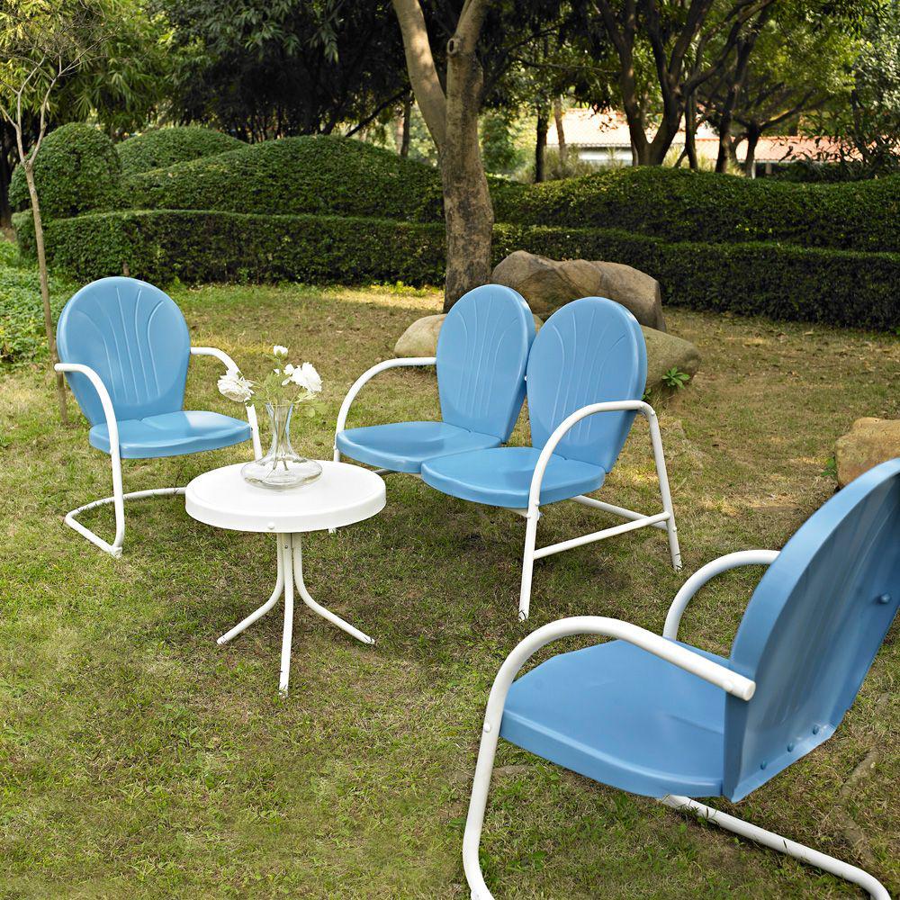 Griffith 4Pc Outdoor Metal Conversation Set Sky Blue Gloss/White Satin - Loveseat, Side Table, & 2 Chairs. Picture 4