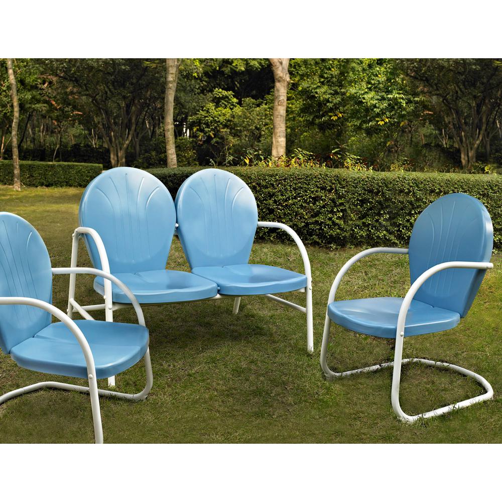 Griffith 3Pc Outdoor Metal Conversation Set Sky Blue Gloss/White Satin - Loveseat,  2 Chairs. Picture 1
