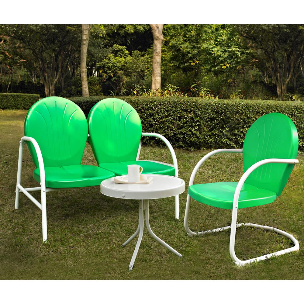 Griffith 3Pc Outdoor Metal Conversation Set Kelly Green Gloss/White Satin - Loveseat, Chair, & Side Table. Picture 1