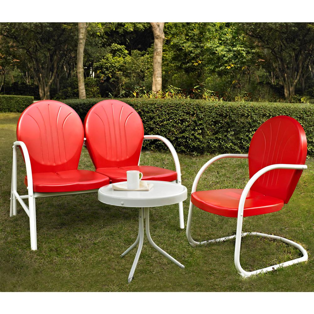 Griffith 3Pc Outdoor Metal Conversation Set Bright Red Gloss/White Satin - Loveseat, Chair, & Side Table. Picture 1