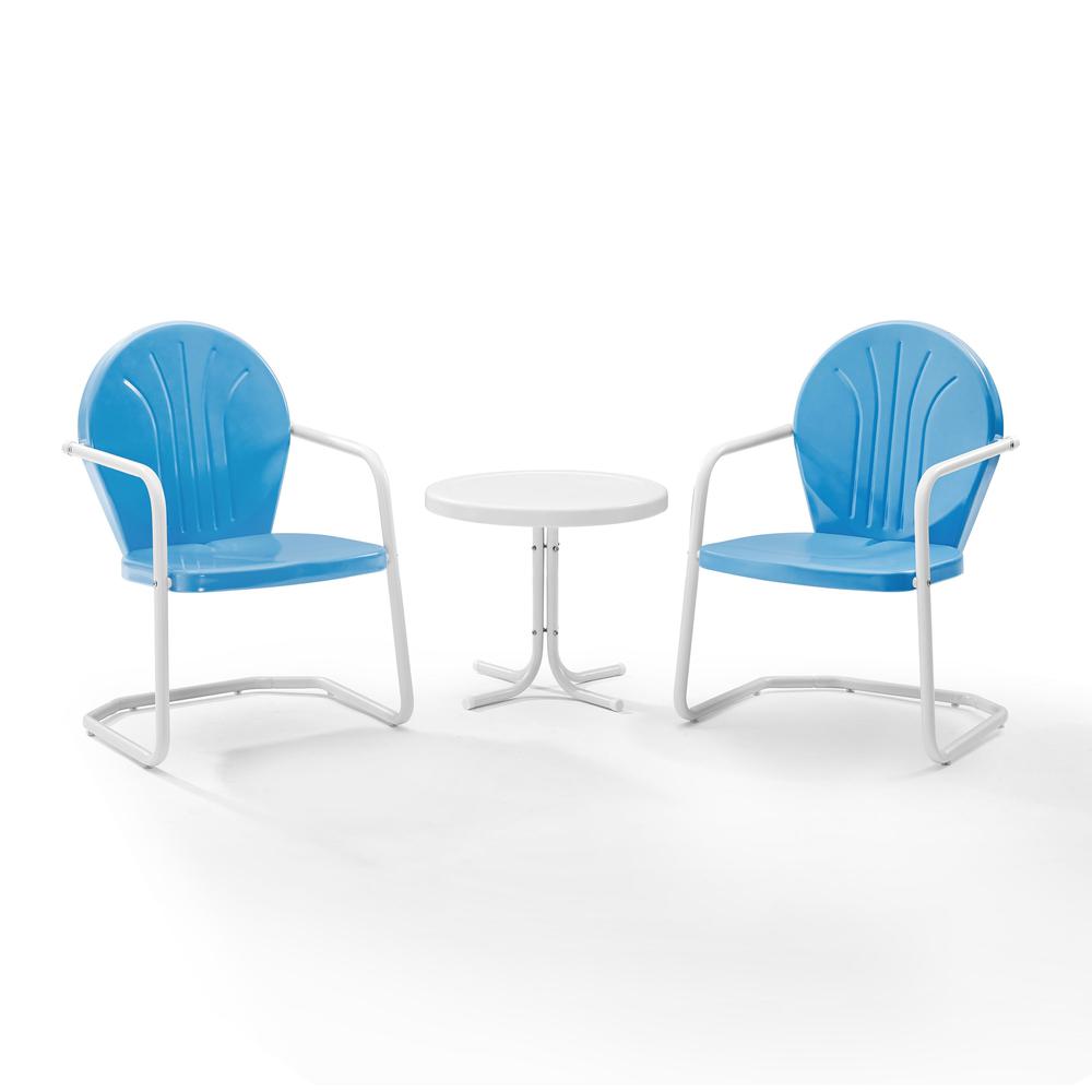 Griffith 3Pc Outdoor Metal Armchair Set Sky Blue Gloss/White Satin - Side Table & 2 Chairs. Picture 1