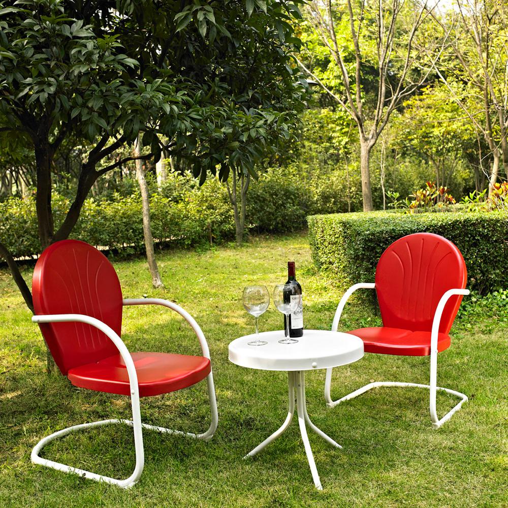 Griffith 3Pc Outdoor Metal Armchair Set Bright Red Gloss/White Satin - Side Table & 2 Chairs. The main picture.