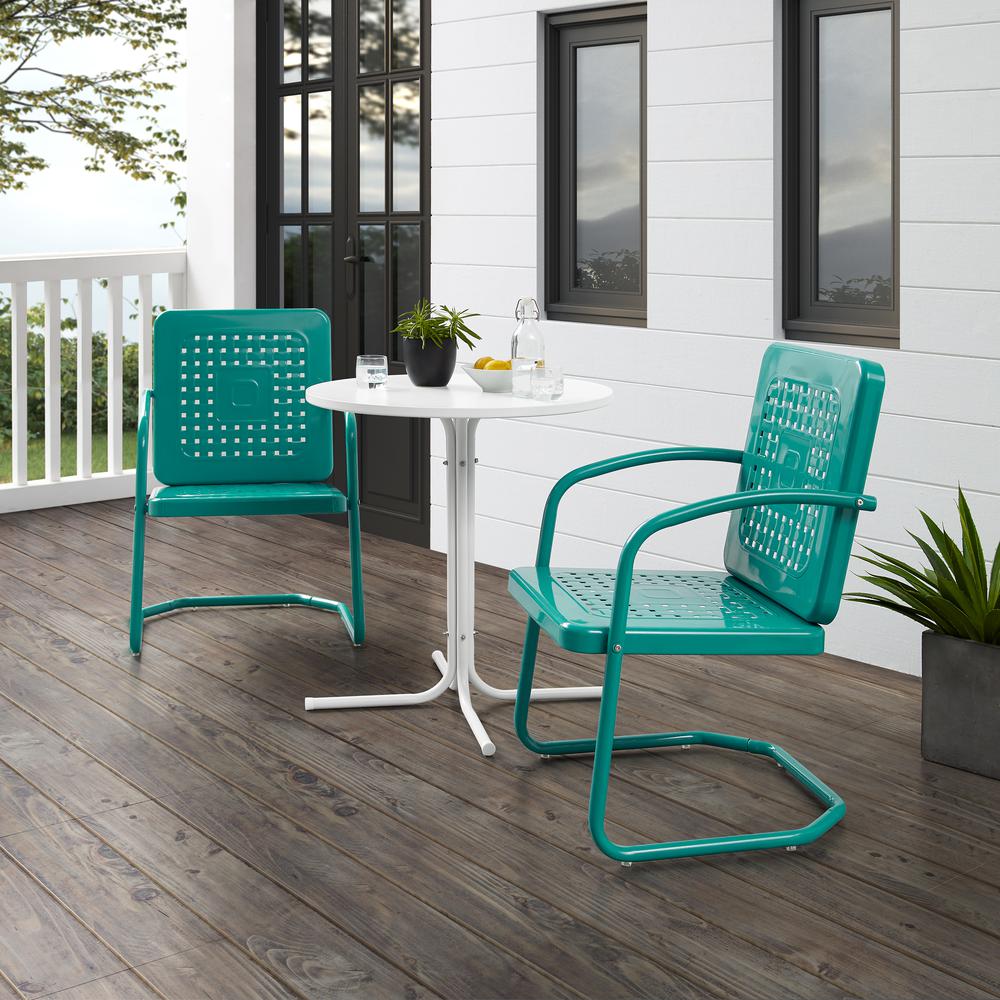 Bates 3Pc Outdoor Metal Bistro Set Turquoise Gloss/White Satin - Bistro Table & 2 Armchairs. Picture 5