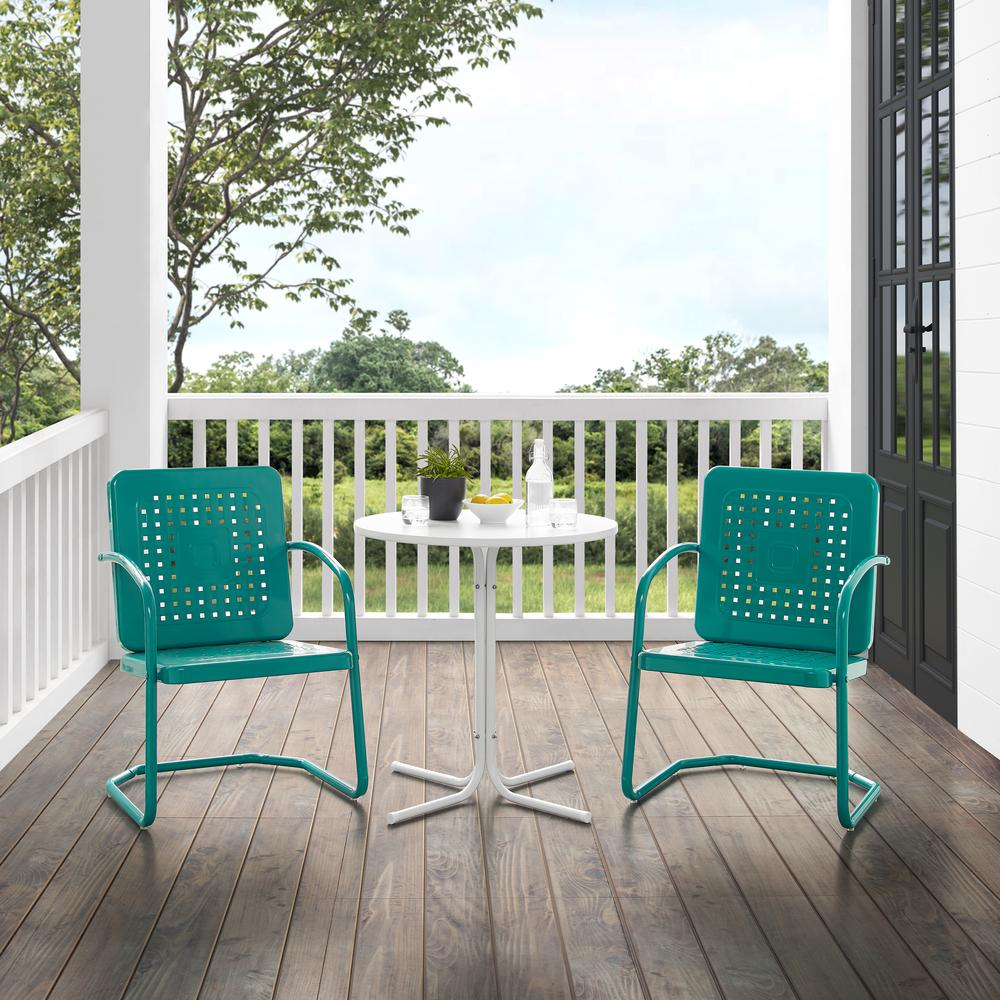 Bates 3Pc Outdoor Metal Bistro Set Turquoise Gloss/White Satin - Bistro Table & 2 Armchairs. Picture 10
