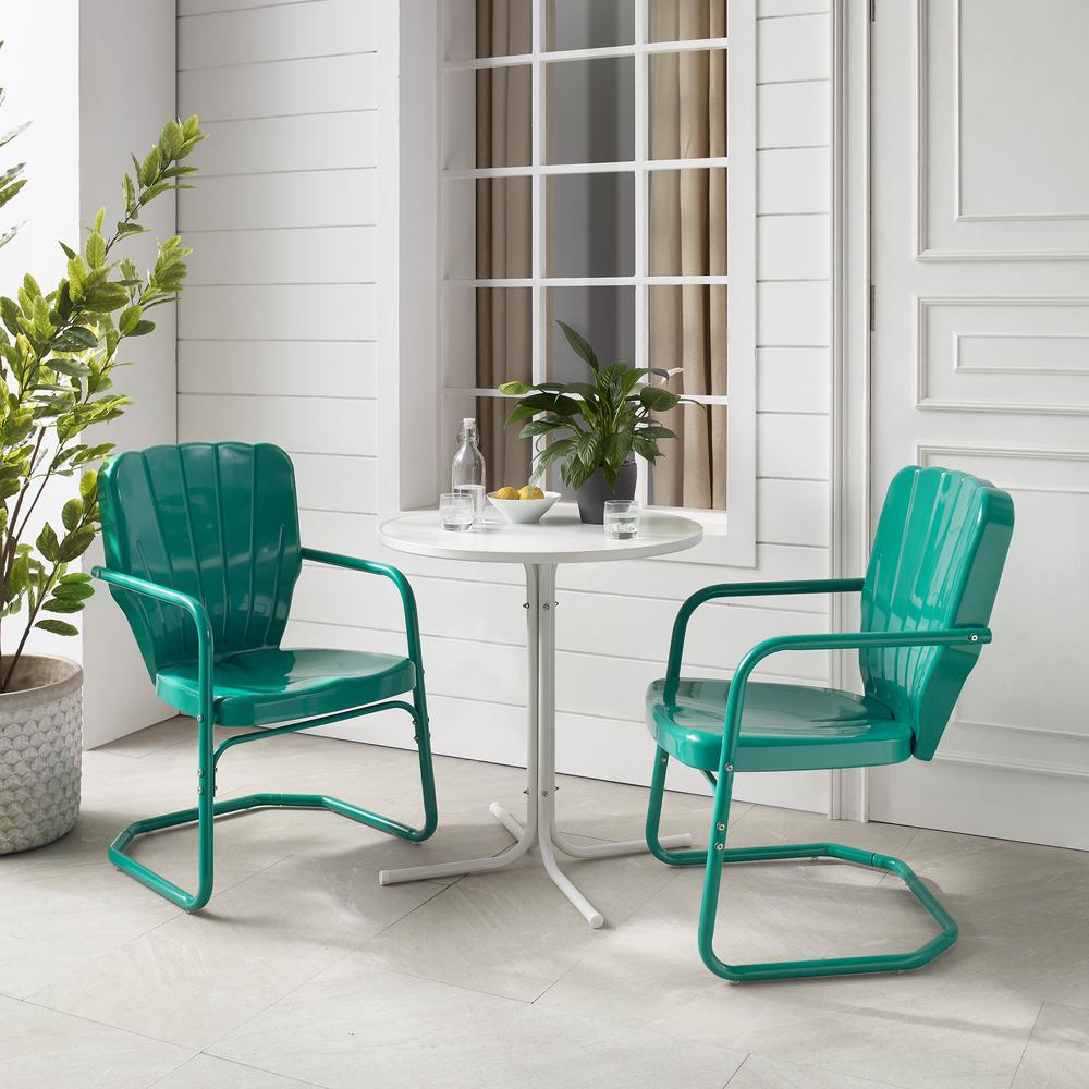 Ridgeland 3Pc Outdoor Metal Bistro Set Turquoise Gloss /White Satin - Bistro Table & 2 Chairs. Picture 10