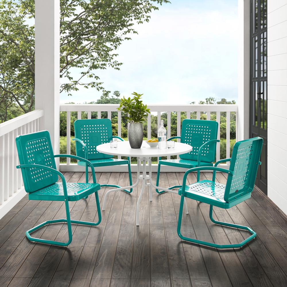 Bates 5Pc Outdoor Metal Dining Set Turquoise Gloss/White Satin - Dining Table & 4 Armchairs. Picture 6