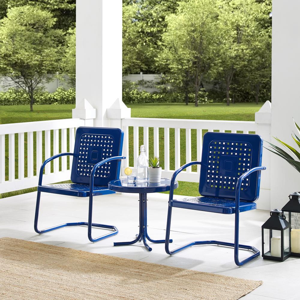 Bates 3Pc Outdoor Metal Chair Set Navy Gloss/White Satin - Side Table & 2 Armchairs. Picture 1