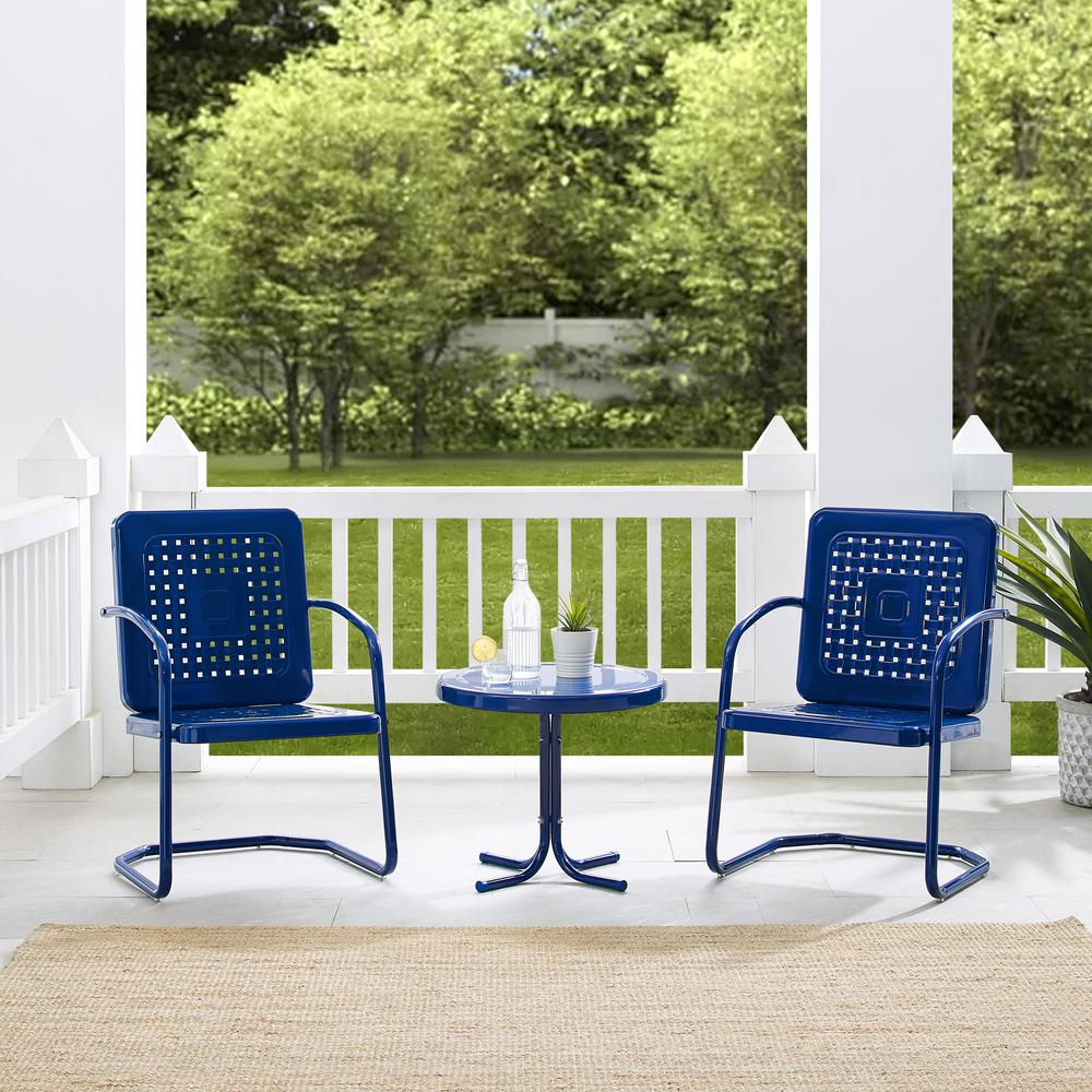 Bates 3Pc Outdoor Metal Armchair Set Navy Gloss/White Satin - Side Table & 2 Armchairs. Picture 2