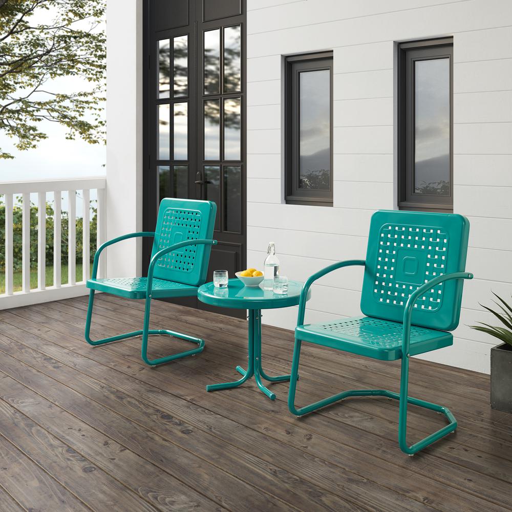 Bates 3Pc Outdoor Metal Armchair Set Turquoise Gloss - Side Table & 2 Armchairs. Picture 5