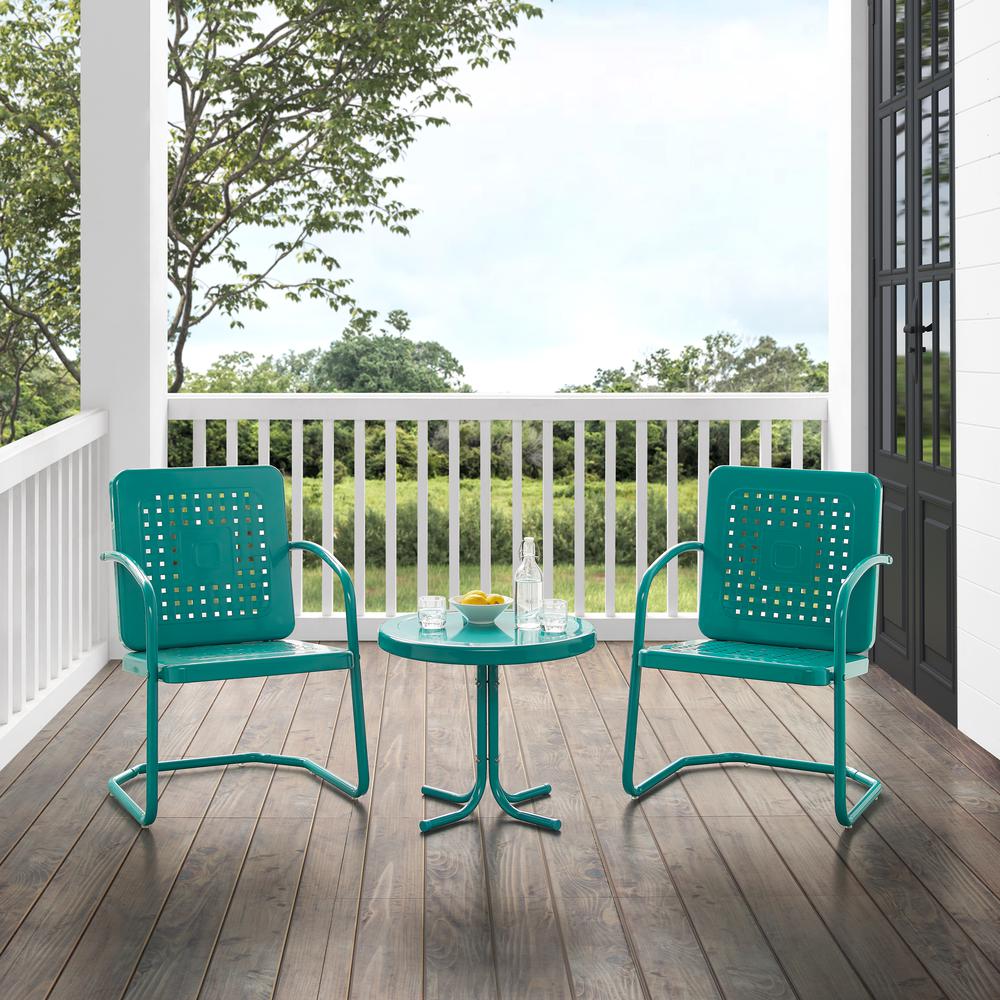 Bates 3Pc Outdoor Metal Armchair Set Turquoise Gloss - Side Table & 2 Armchairs. Picture 10