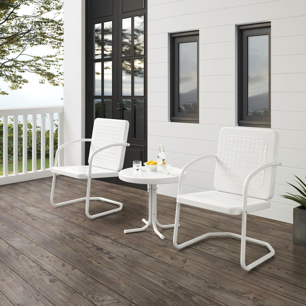 Bates 3Pc Outdoor Metal Armchair Set White Gloss/White Satin - Side Table & 2 Armchairs. Picture 7