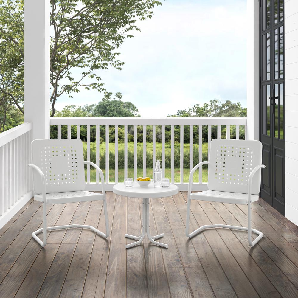 Bates 3Pc Outdoor Metal Armchair Set White Gloss/White Satin - Side Table & 2 Armchairs. Picture 8