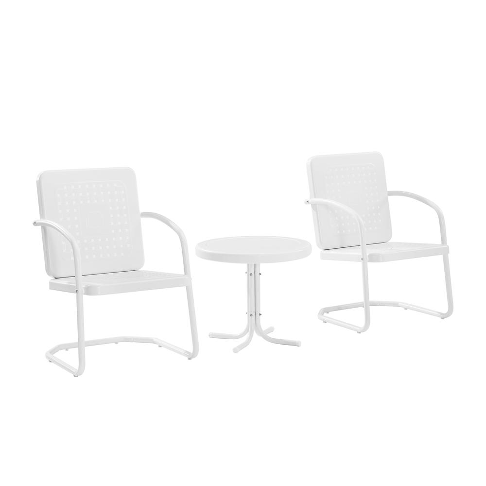 Bates 3Pc Outdoor Metal Armchair Set White Gloss/White Satin - Side Table & 2 Armchairs. Picture 2