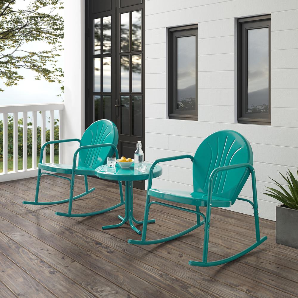 Griffith 3Pc Outdoor Metal Rocking Chair Set Turquoise Gloss - Side Table & 2 Rocking Chairs. Picture 8