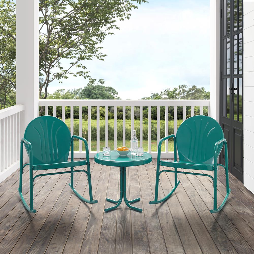 Griffith 3Pc Outdoor Metal Rocking Chair Set Turquoise Gloss - Side Table & 2 Rocking Chairs. Picture 12