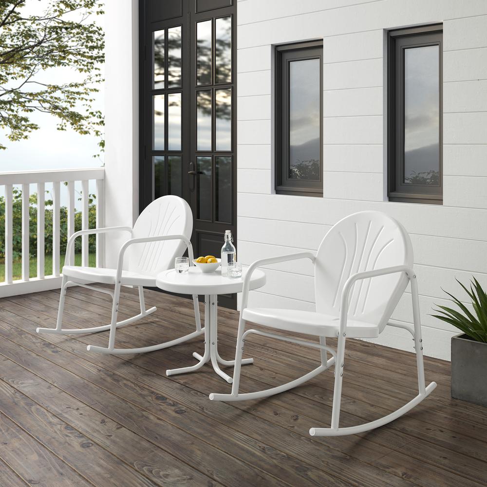 Griffith 3Pc Outdoor Metal Rocking Chair Set White Gloss/White Satin - Side Table & 2 Rocking Chairs. Picture 10