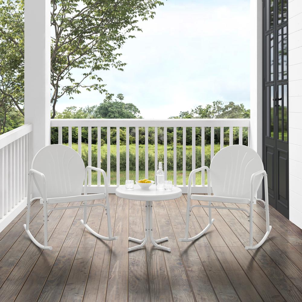 Griffith 3Pc Outdoor Metal Rocking Chair Set White Gloss/White Satin - Side Table & 2 Rocking Chairs. Picture 3
