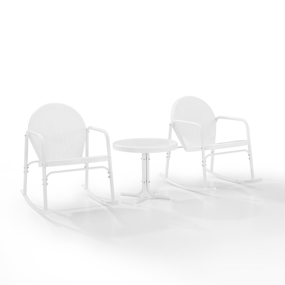 Griffith 3Pc Outdoor Metal Rocking Chair Set White Gloss/White Satin - Side Table & 2 Rocking Chairs. Picture 6