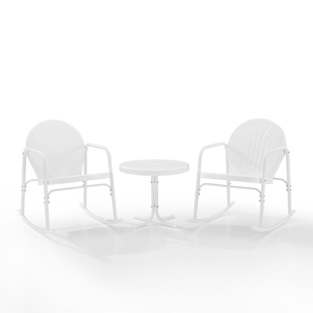 Griffith 3Pc Outdoor Metal Rocking Chair Set White Gloss/White Satin - Side Table & 2 Rocking Chairs. Picture 7
