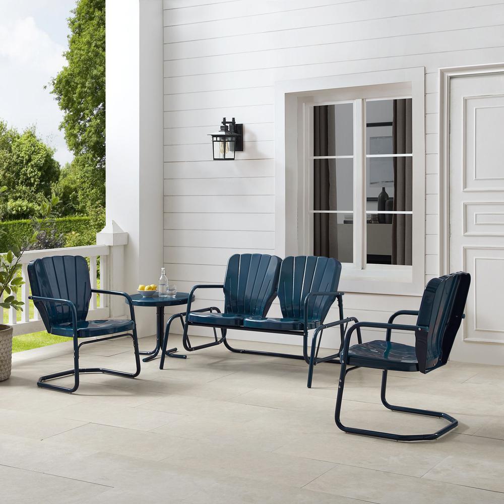 Ridgeland 4Pc Outdoor Metal Conversation Set Navy Gloss - Loveseat Glider, Side Table, & 2 Armchairs. Picture 5