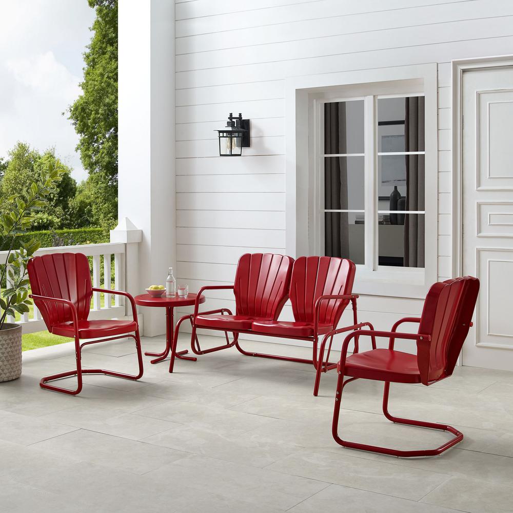Ridgeland 4Pc Outdoor Metal Conversation Set Bright Red Gloss - Loveseat Glider, Side Table, & 2 Armchairs. Picture 6