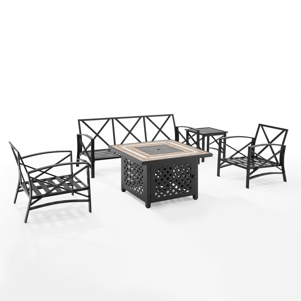 Kaplan 5Pc Outdoor Metal Sofa Set W/Fire Table Mist/Oil Rubbed Bronze - Sofa, Side Table, Tucson Fire Table, & 2 Chairs. Picture 1