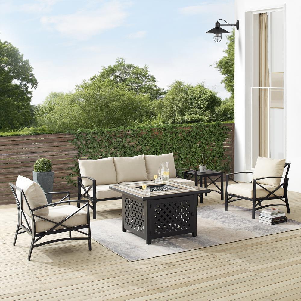 Kaplan 5Pc Outdoor Metal Sofa Set W/Fire Table Oatmeal/Oil Rubbed Bronze - Sofa, Side Table, Tucson Fire Table, & 2 Chairs. Picture 10